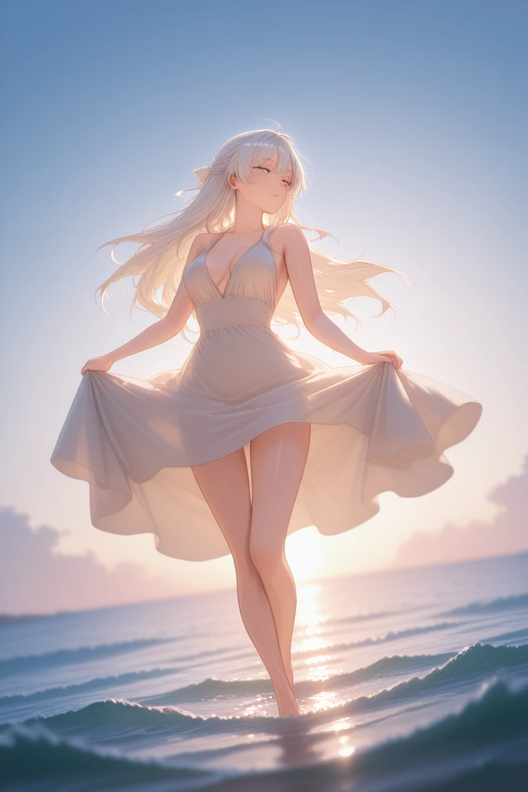(Elementary school girl.7 years old.Height is 120 cm.Beautiful white skin.Slim body.Hanging eyes.Blonde.Very short hair parted in the middle.Beautiful Blue Eyes.Tight waist.Beautiful areola.ふっくらとしたNipples.The skin is radiant and glowing).(A tight, see-through white dress.Not wearing underwear.Your clothes are wet.Nipples).(1 person.Uyuni salt lake.Are standing.Hands clasped behind back.Hair fluttering in the wind.My whole body is wet with water.Look at me and smile)Perfect Face.High resolution.It's dynamic