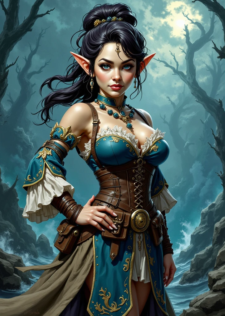1 girl, (alone:1.3), ,((best quality)), ((masterpiece)), (detailed), perfect face, elf, young, play in the forest, big breasts, blue red hair, braid, ,sexydetailed hands, detailed eyes, detailed face