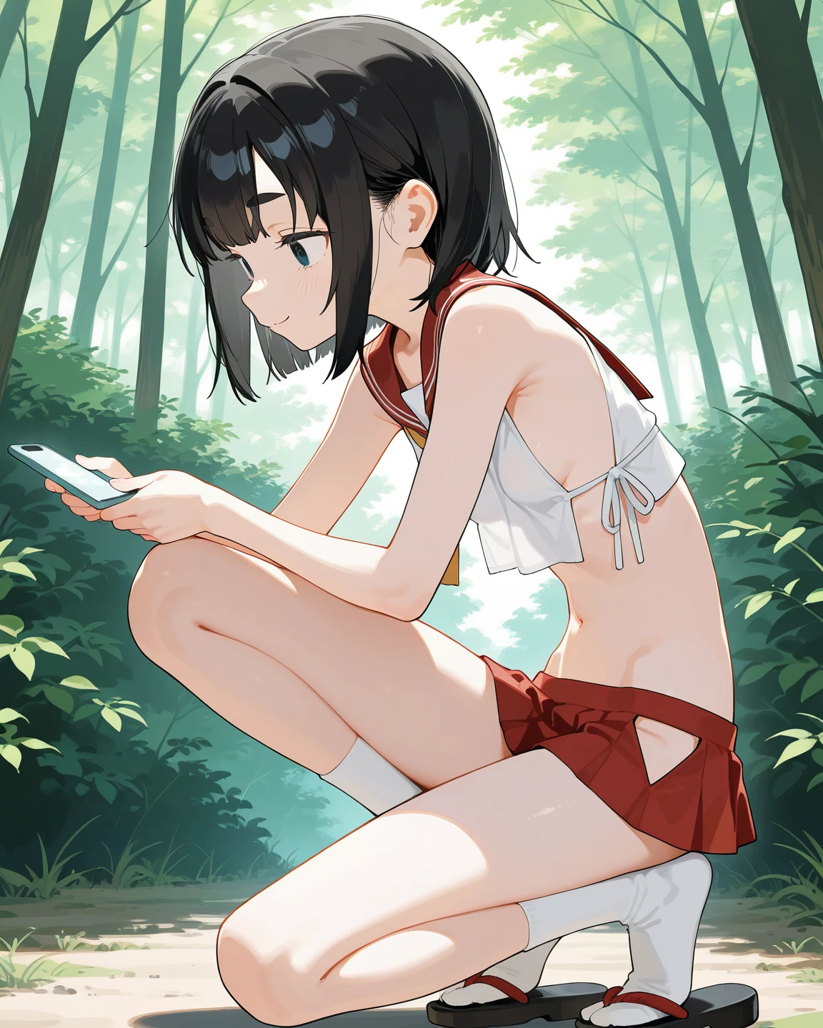 Sarada, (((Alone, fitness, Sarada Uchiha, Sozinha, cabelo curto, olhos escuros, small breasts, sexy, beautiful))) ,Eyeglasses, selva, red bikini, peito pequeno, ((artistic composition, de lado, artistic composition, boa qualidade, alta qualidade, qualidade detalhada, best quality, corpo molhado, seios pequenos, fio dentai, dug bikini)),(olhos pretos, artistic composition, super detalhada),(olhos delicados), usando batom rosa, cabelo preto curto,(corpo fitness, corpo atletico), pele bronzeada, red polka dot bikini. standing under a tree. olhos detalhados. bumbum grande. de lado, marquinha de bronzeado, perspectiva lateral,(Uchiha Sarada, marquinha de bronzeado, Obra Prima)