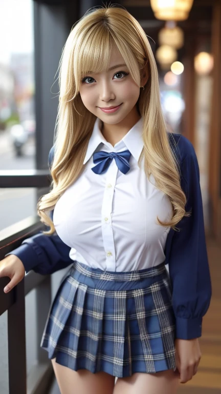 Blonde, 4K, Checkered pleated skirt, skirt lift, show off panties, show off breasts, high school, Beautiful provocative smile,blue eyes, Realistic images, Three Girls