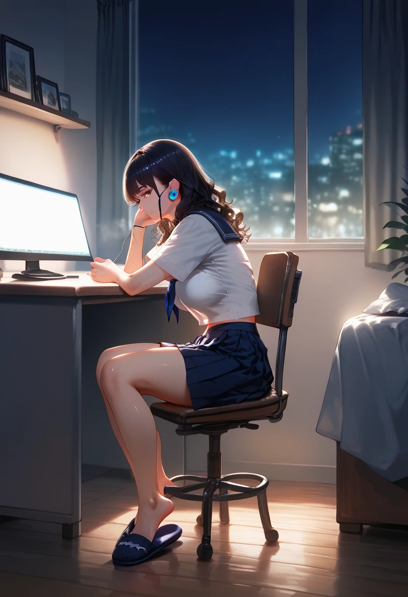 (masterpiece、top-quality、hight resolution、Unity 8k Wallpaper、extremely details CG:1), In a very small, dimly lit room, the size of an internet café cubicle, a young girl is intensely watching a television screen. The room is so narrow that it only contains a chair and a television. The girl is completely absorbed in the movie, her eyes wide with fascination, as if she is seeing something incredible for the first time. The scene is depicted from the side, showing her profile as she sits on the edge of her chair, leaning slightly forward, entirely focused on the screen. Her expression is one of pure engagement, completely oblivious to her surroundings. nsfw