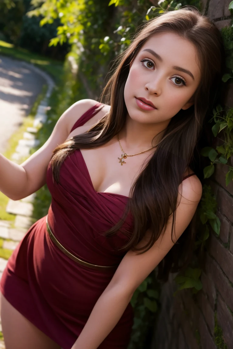 Pretty with long straight hair posing in a wine-red dress in the evening while sitting on a bench. 8k quality, realist, Ultra quality