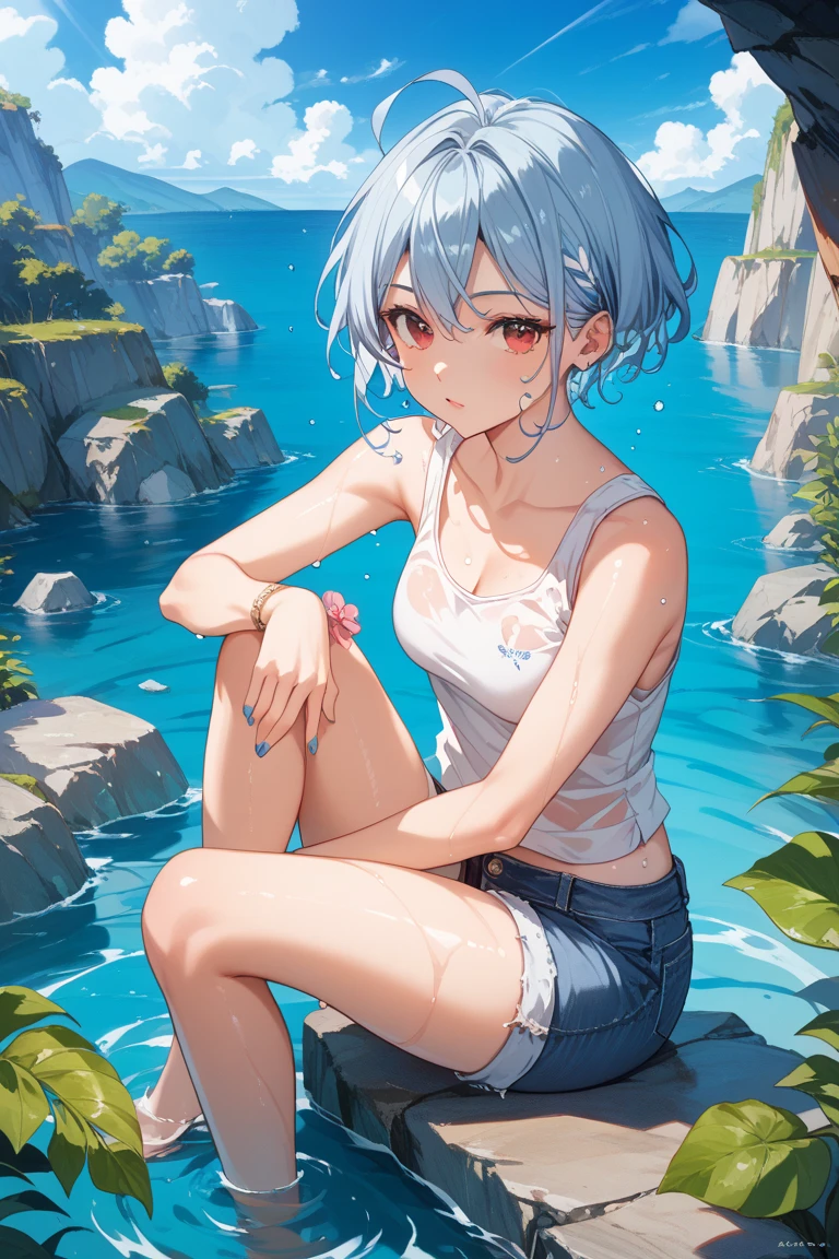 Movie angle, Depth of written boundary, (Looking at the audience), (right foreground: 1), (Standing photo: 1),
Cat ear girl, (alone),Blue Hair,(White skin:1), (Curvaceous:1.2), (Wide Hips:1.1), Cat ear girl,
(Beautiful Coast Background), (Coast Background: 1.4), (Coast Background: 1.4),
(Red clothes), (Bare shoulders, Red Micro Bikini), (Thong Panties: 1.2), Thigh-high boots,
(ponytail, Hair between the eyes), (Silver Hair), (Purple eyes), (Flat Chest: 1.2),
Expressionless, Stunned, sleepy,
Wakame seaweed, Wakame seaweed, Wakame seaweed, Wakame seaweed, Wakame seaweed, Wakame seaweed, Wakame seaweed, Wakame seaweed