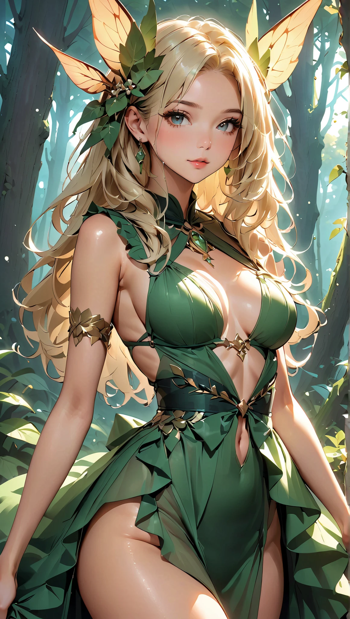 1girl, solo, long hair, breasts, blush, blue eyes, blonde hair, (large breasts), thighhighs, gloves, hat, navel, dark green underwear, braid, boots, pointy ears, green elbow gloves, arms up, kneeling, underboob, red beret, green thigh boots, elf, side braid, restrained,  tentaclejob, voluptuous, thong, cave,