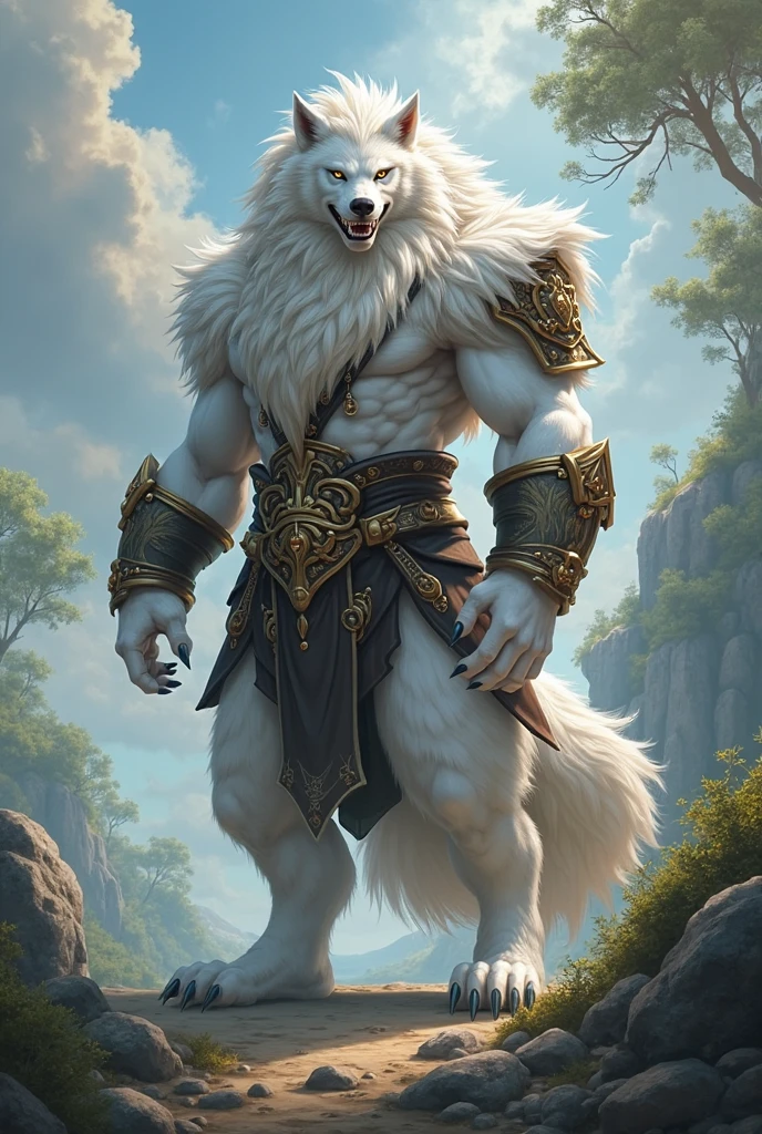 ultra-detailed, masterpiece, masterwork, high quality, best quality, hdr, (nature, night), posted on e621, (by darkgem), nsfw, male, solo, (white little body werewolf), canine, (long silver hair, yellow eyes, white body, roar), stylish pose, dynamic angle, (bulge loincloth)