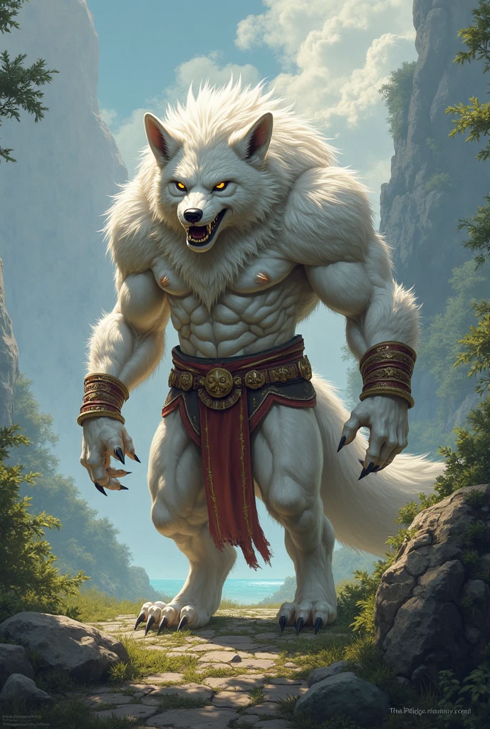 ultra-detailed, masterpiece, masterwork, high quality, best quality, hdr, (nature, night), posted on e621, (by darkgem), nsfw, male, solo, (white little body werewolf), canine, (long silver hair, yellow eyes, white body, roar), stylish pose, dynamic angle, (bulge loincloth)