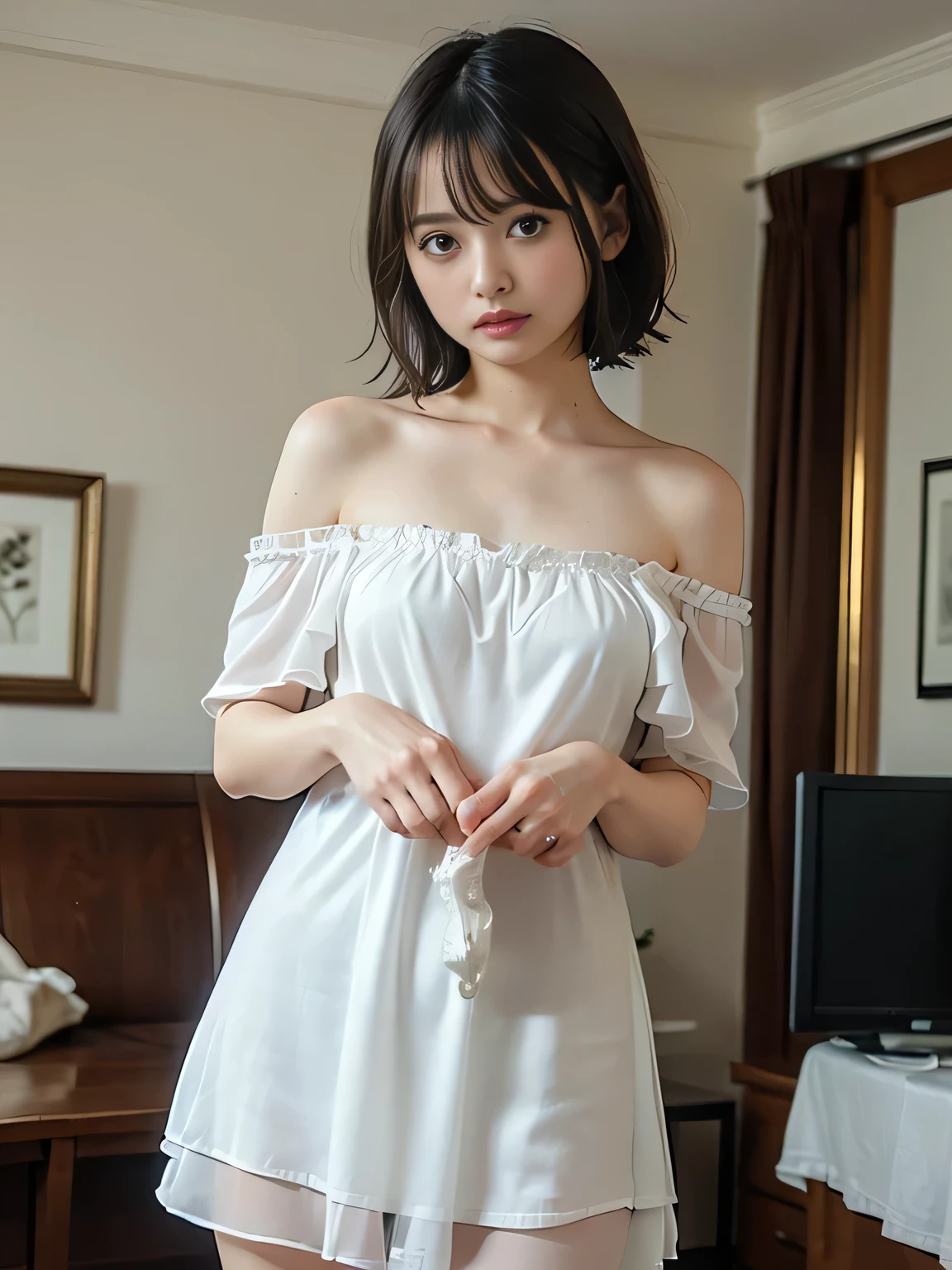 short hair, 前髪のあるshort hair, Woman with pretty face,Cute little face, French Bob, White skin, 短い茶色の髪とBig eyes, Full body portrait shot 8k, Beautiful light、Big eyes, Beautiful woman, Young woman with bob cut, Full Shot,Best image quality,