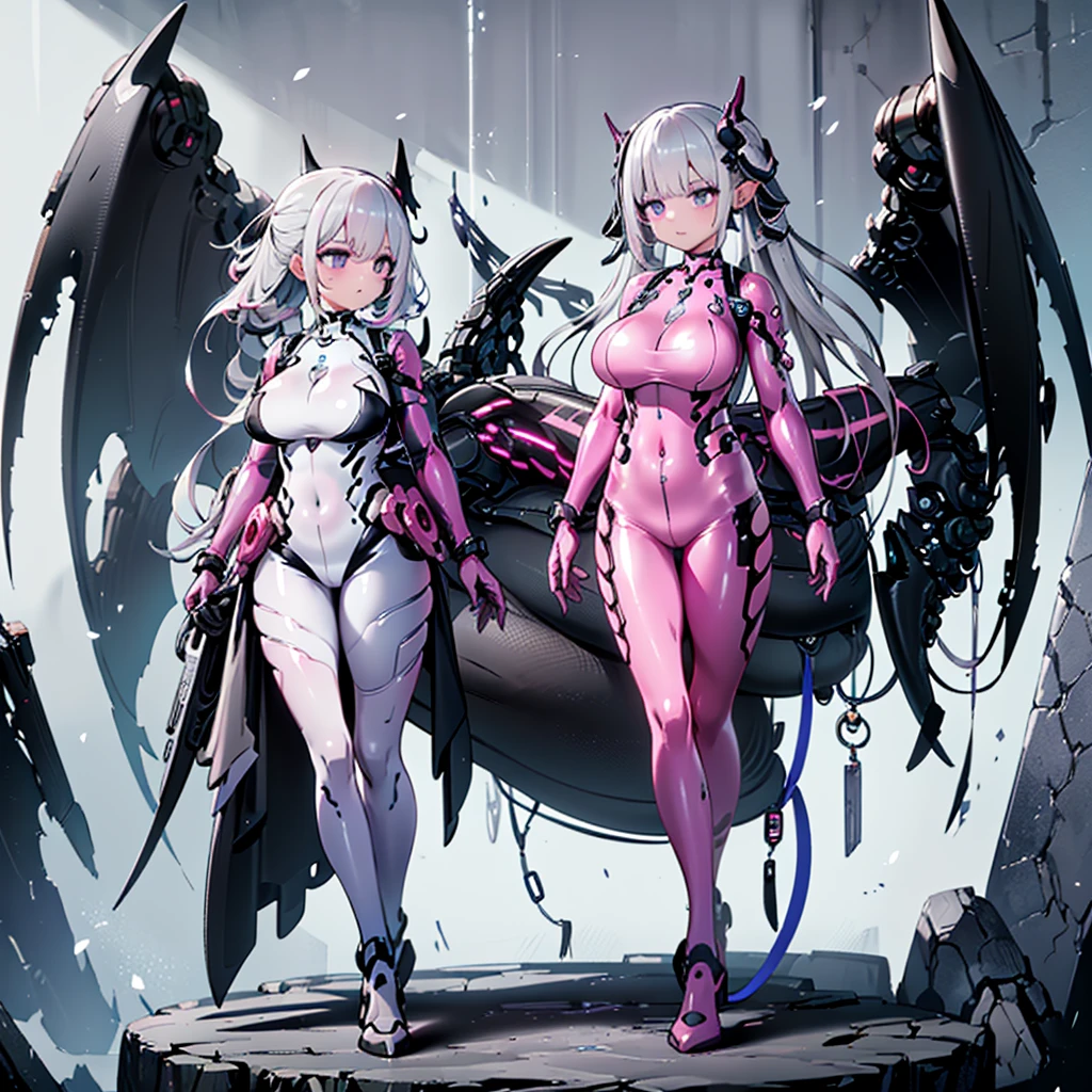 (最high quality, masterpiece), Standing girl, ((three views, Front, back and sides))), full body, Simple Background, High resolution, gauze, smile, Shortcuts, bangs, Red eyes, Headpiece, 目の間のbangs, head band, Horns of the beast, Accurate, Anatomically correct, Attention to detail, High resolutionモデル, high quality, Very detailed, Grey Hair, Silver Hair, Intersecting bangs, Hide your ears, Please open your mouth a little, Smiling with teeth showing, Slanted Eyes, bonus, Mole at the corner of the mouth, Feather Hair Accessories, Cast a Shadow, 8k octane, anime, Brown Skin, Bone wings on the back, Exposed breasts, Shoulder Bare, Mechanical Limbs、