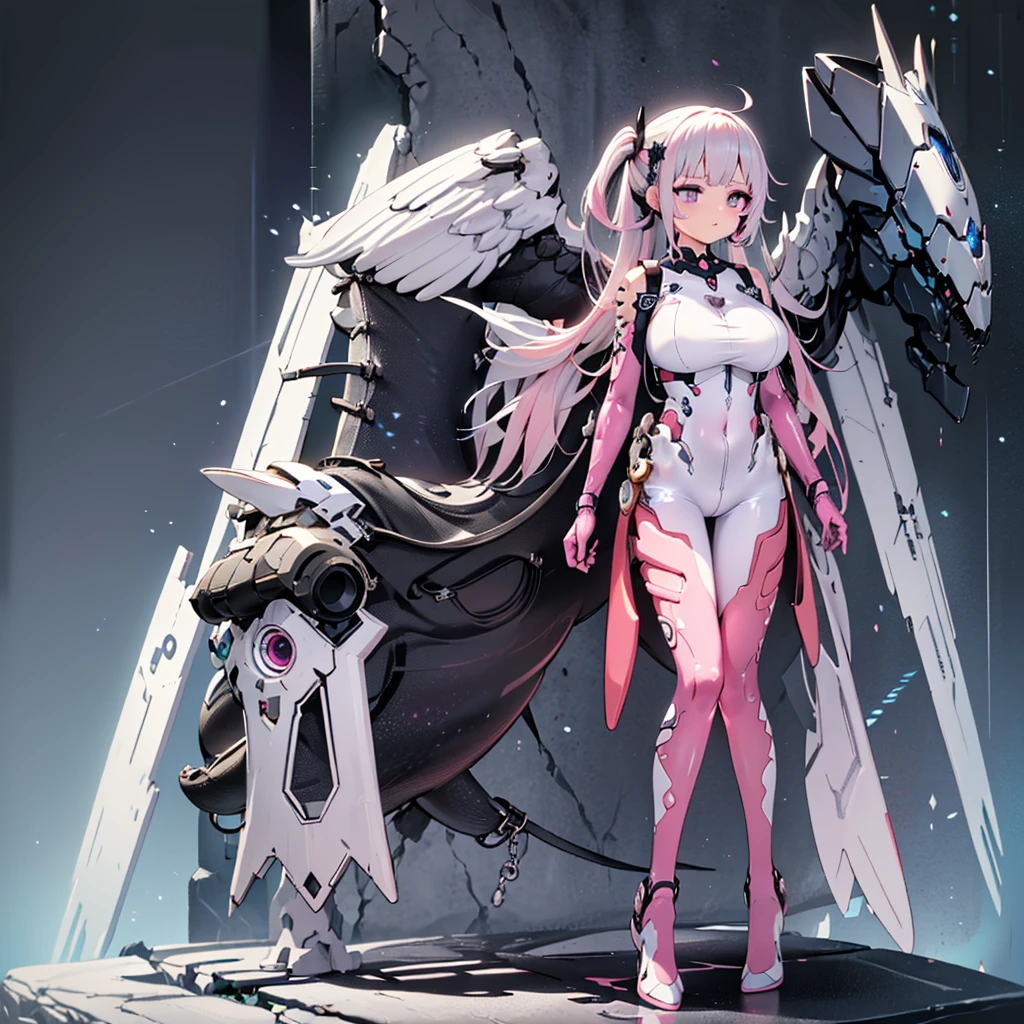 lunatic \(combat\), 1girl, scenery, solo, looking at viewer, blue eyes, outdoors, white hair, science fiction, sky, drone, mecha, robot, mechanical legs, leotard, <lora:lunatic-08:0.6>