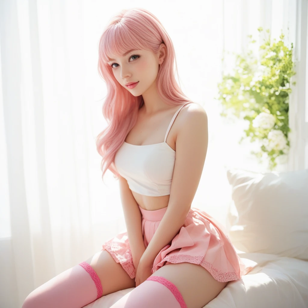 (realistic, highest quality: 1.4),(woman,smile(gold hair,pink streaked hair,perm hair)),((Show your armpits)open your legs)(),(garden,colorful flowers)