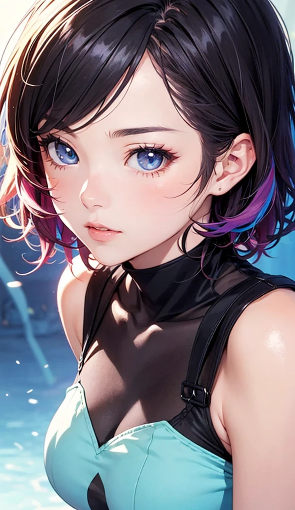 "(((masterpiece))),best quality,ultra-detailed,high resolution CG unity 8k wallpaper。A beautiful and dynamic artwork with a floating perspective and dynamic pose,featuring 1 girl with striking blue eyes and multi-colored hair including silver,red,purple,yellow,and green hair with varying weights。