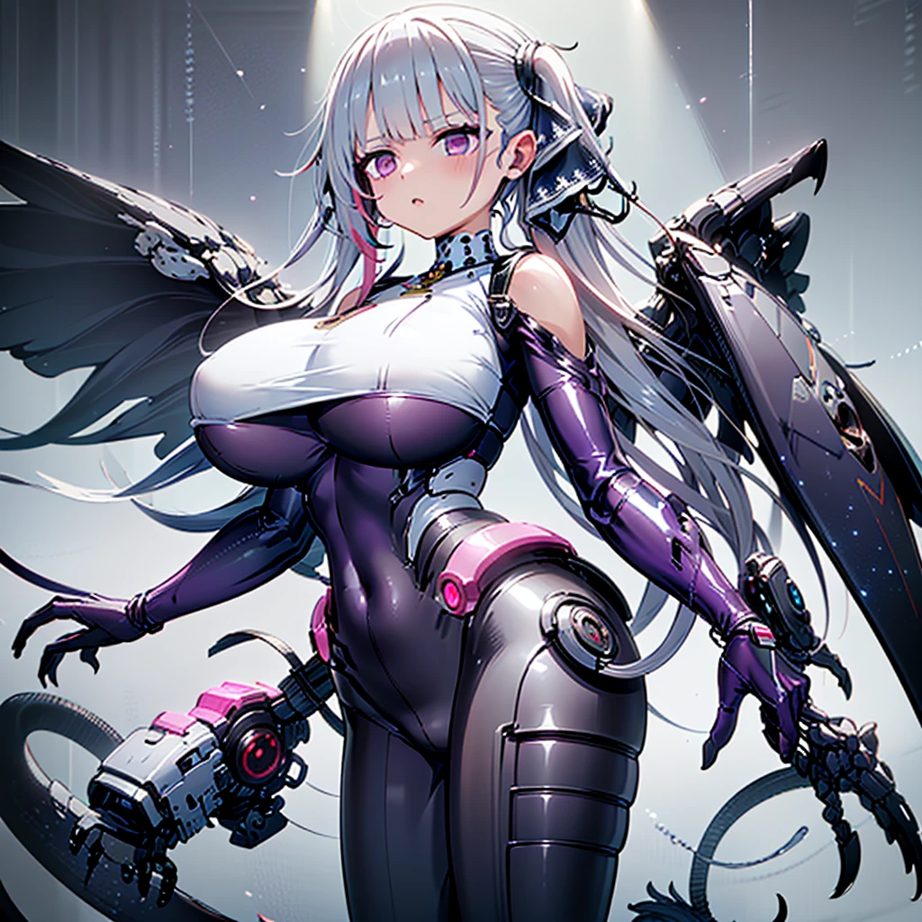 (最high quality, masterpiece), Standing girl, ((three views, Front, back and sides))), Character Sheet, whole body, Simple Background, High resolution, gauze, smile, Shortcuts, bangs, Red eyes, Headpiece, 目の間のbangs, head band, Horns of the beast, Accurate, Anatomically correct, Attention to detail, High resolutionモデル, high quality, Very detailed, Grey Hair, Silver Hair, Intersecting bangs, Hide your ears, Please open your mouth a little, Smiling with teeth showing, Slanted Eyes, bonus, Mole at the corner of the mouth, Feather Hair Accessories, Cast a Shadow, 8k octane, anime, Brown Skin, Bone wings on the back, Exposed breasts, Shoulder Bare, Mechanical Limbs、