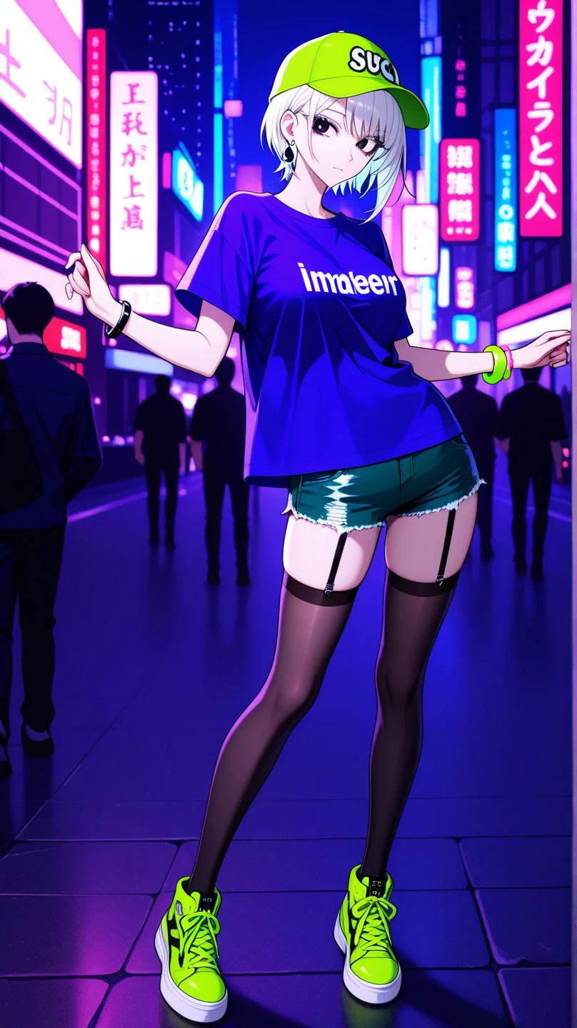 mano_sakuragi_\(idolm@ster\), (kinako_(shiratama_mochi style), detailed background, masterpiece, latex black short skirt, best quality, 1girl, city, street, midnight, neon lights, medium breasts, huge nipples, erect nipples, looking at another, topless, full body, vector illustration, nipples, light smile, blunt bangs, short hair, stomach, navel, bare shoulders, light brown hair, sweaty, raining, mouth mask, wet body, fishnet leggings, boots