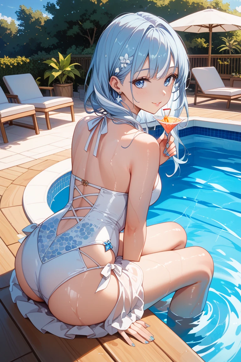 sitting by the pool、Dipping feet in the pool、An electric r is inserteer sheer lingerie、blush、Beautiful liquid overflows from the lower half of the body、A clear liquid drips from the vibration of the electric massager.、Lewd lear liquiipping onto the ground、Viscous, clear liquid、A young girl with a baby face、See-through swimsuit、Lace Stockings((She puts an electric massager inside her black e and operates it, causing a clear liquid to flow out, making her look embarrassed.))(Angle from the front)