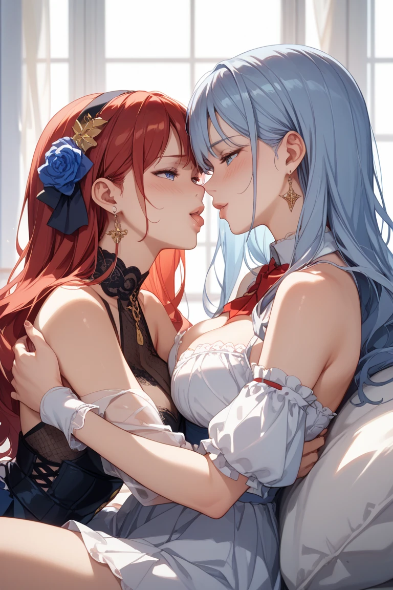 (masterpiece),(highest quality:1.1),(super detailed),best illustrations, (1 girl:1.3)、(Two women kissing)、Looking at each other、Thretta Mail、tall、((nude、beautiful breasts、beautiful areola))、((redhead、Ahoge、blue eyes))、Mioline Remblanc, small breasts、Asticasia , expression of embarrassment、alone, long hair, gray eyes, gray hair, Ahoge, bangs, hair between eyes、((lily、lesbian、sex))、Bed