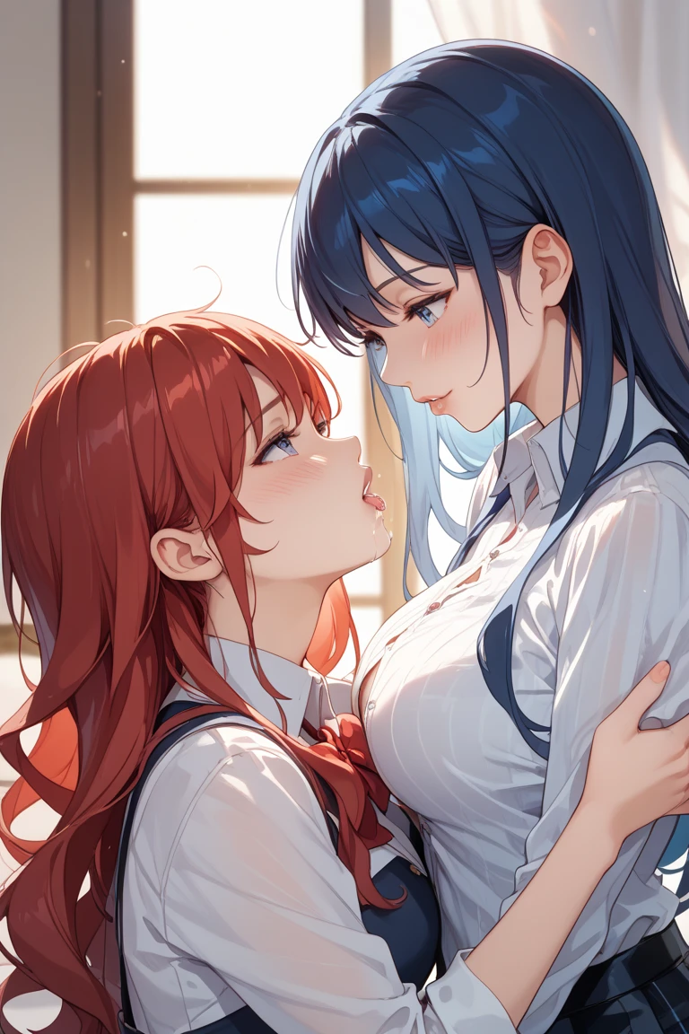 (masterpiece, best quality, ultra-detailed, high resolution, detailed eyes), takeda hiromitsu style, {{{2women}}}, school girl uniform, pet collar, french kissing, looking at viewer, hugging each other, (blushing:1.2), (tongue out:1.2), (drool:1.3), breath, in heat, orgasm