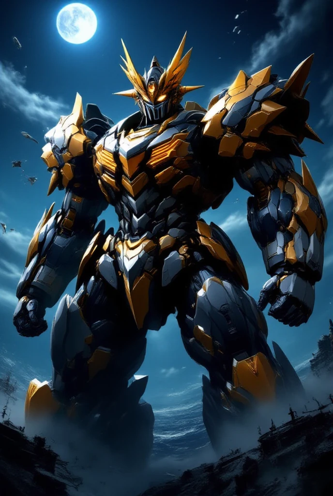 Zeraora's giant robot. (masterpiece, best quality, detailed:1.2) (Pokémon) Powered exoskeleton with the same design as Zeraora big muscle, GIANT, pecs, triceps, traps, waist narrow. bulge in the crotch, with huge golden laser sword, body full of huge muscles. also have a cloak on my back. The cloak is so long that it touches the ground, showing off muscles, mechs, Correct limbs, detailed full body, Very muscular, Large pecs, Heavyweight, Bodybuilder figure, Wearing cyberpunk mecha, big bump, sparkling skin, Vibrant colors, 4K, realism, have big wings.