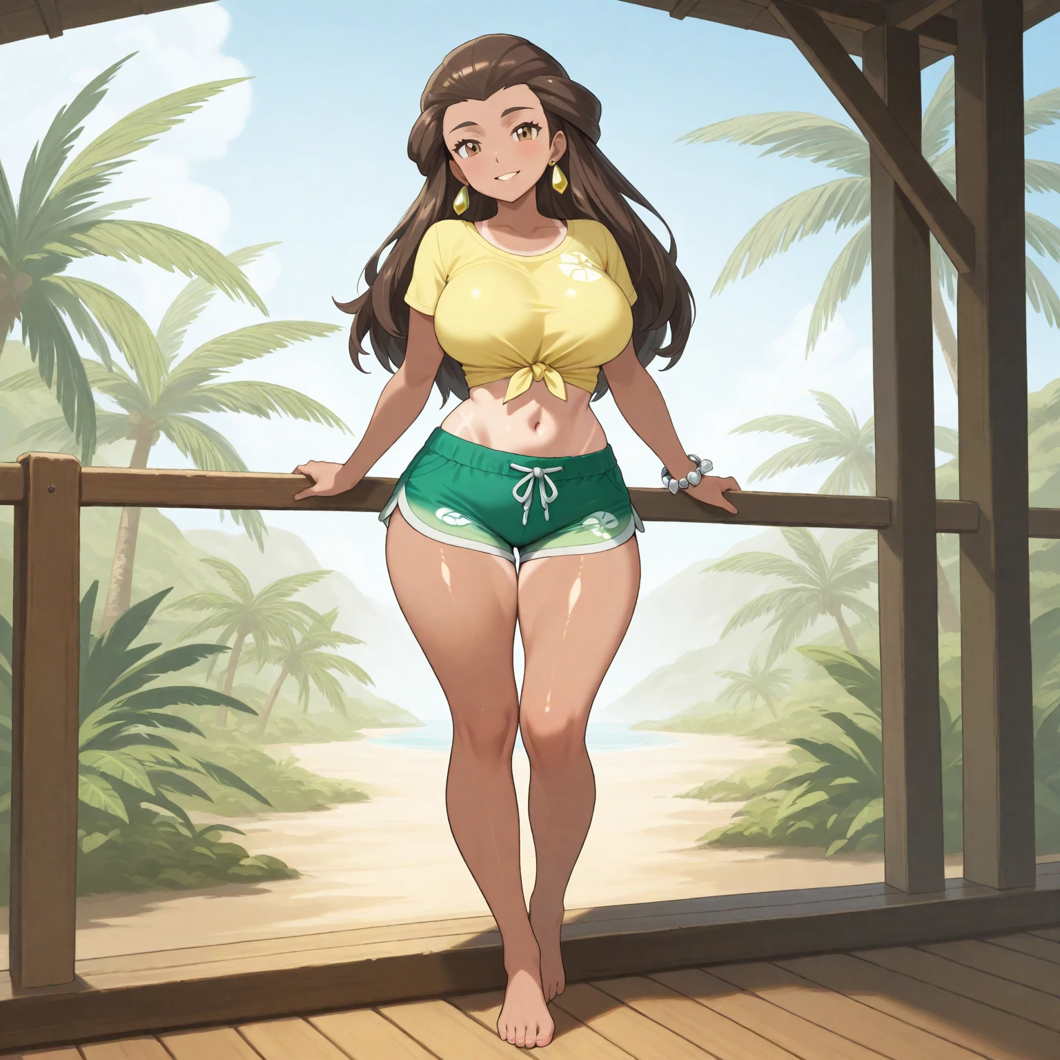 1 girl sigle, long brown Haircurt, eyes color brown, japanese half brazilian, light skin, body type athlete body, full body, wearing bikini with short jeans, age 18, Height	160cm, Breast cup C, light skin, stand pose, smile, Brasil rio de janeiro background