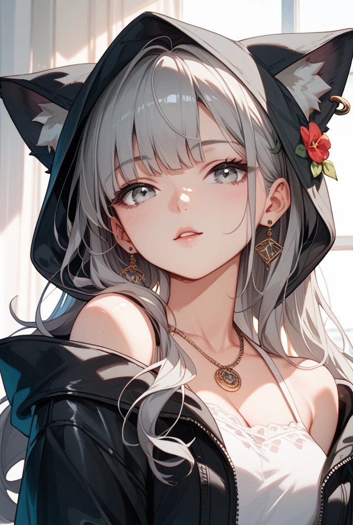 anthro, mammal, hi res, clothing, solo, fur, plant, canid, blue eyes, digital media (artwork), canine, female, clothed, holding object, tuft, hair, inner ear fluff, topwear, night, looking at viewer, flower, rose (flower), fingers, canis, food, black nose, eyebrows, star, eyelashes, 5 fingers, breasts, insect, detailed, grey fur, lostgoose, grey body