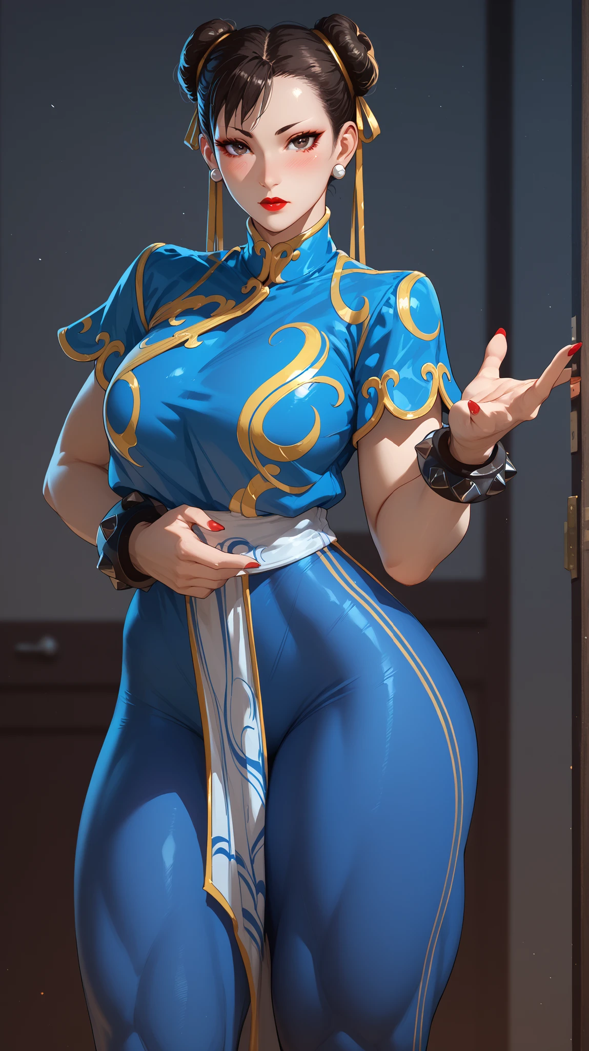 chun li, clean, big breasts, big thighs, looking at viewer, red lipstick, ,blush, beautiful eyes, clear eyes, without pants