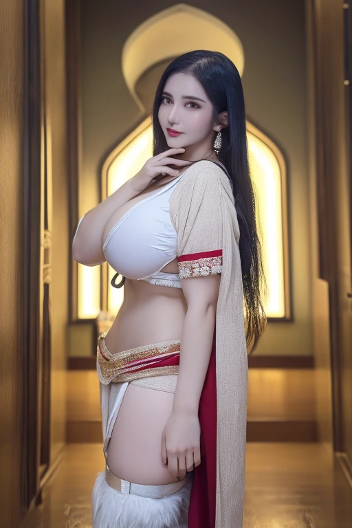 Photorealistic, high resolution, 1 woman, facial mix of phoebe cates, large breast, deep cleavage, detailed abs, Hips up, Beautiful eyes, Long hair, ringed eyes, jewelry, tattoo, Hanfu, Chinese fairy, Taoist uniform