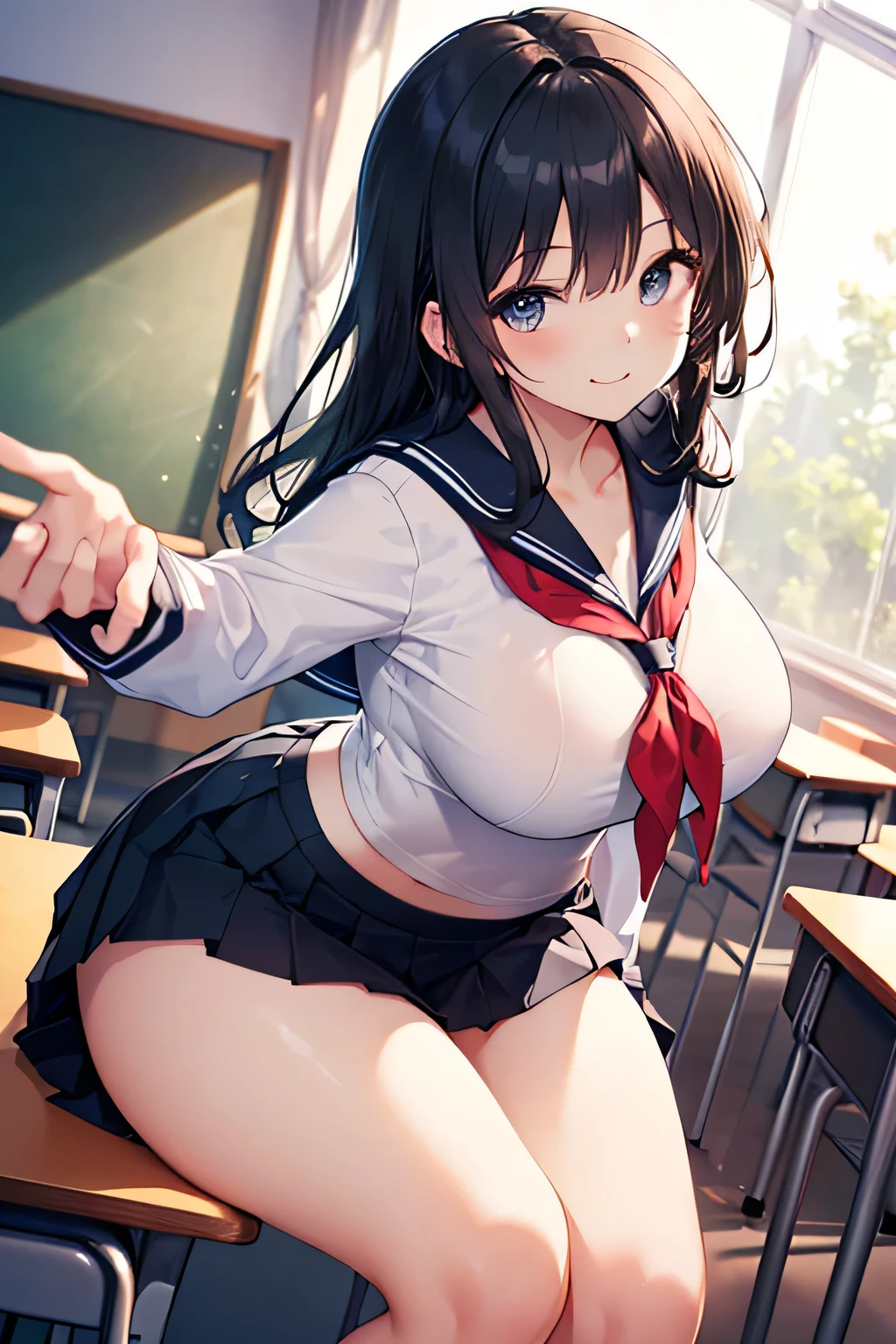 highest quality、High resolution、detailed background、beautiful and detailed face、beautiful and smooth skin、skin texture、professional lighting、
10代のcute美少女、(huge breasts:1.2)、perfectionなボディライン、perfection, Well-defined body、

(She looks happy as she lifts up her skirt and shows her panties..:1.5)、emphasize the chest、emphasize cleavage、

((sheer white sleeveless sailor shirt:1.5))、white sailor collar、Pleated mini skirt with tartan plaid pattern、knee high socks、over knee socks、pink and black floral embroidery bra、pink and black floral embroidery panties、cute編み込みポニーテール、

lift up the skirt、sexual expression、panty shot、cute、camel toe
