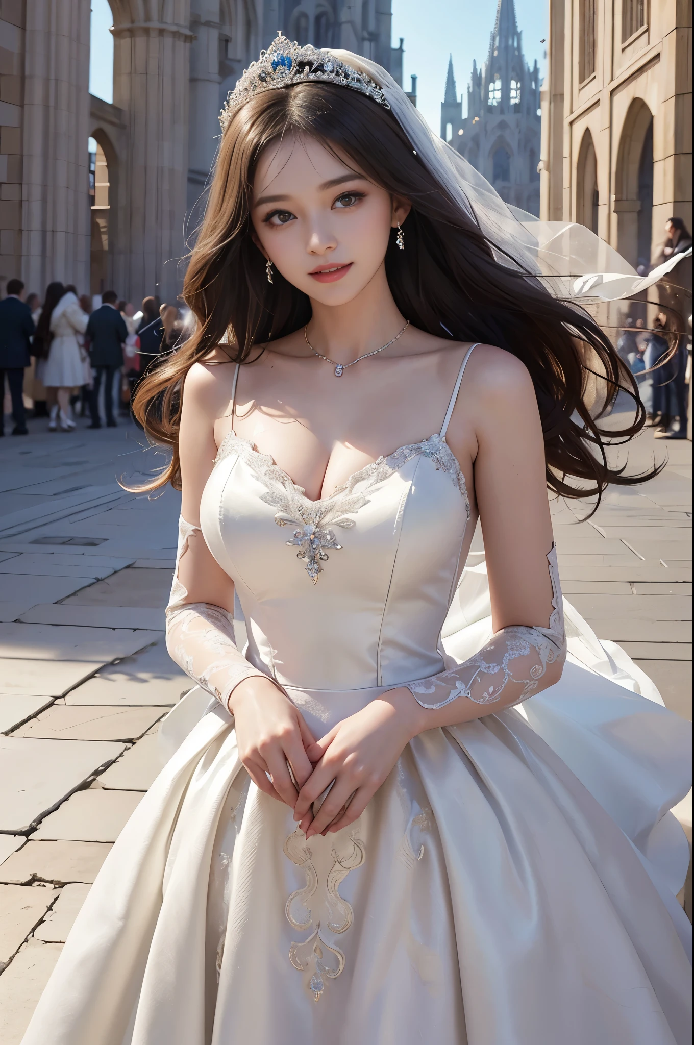 best quality, masterpiece, 1 girl, yak, cute , shiny lips, sweet, sun glare, Conservative attire, Bead material bell-line wedding dress, white gloves, bouquet, bridal tiara, depth of field, blurred background, Cathedral Background, light particles, strong wind, head tilt, long hair,