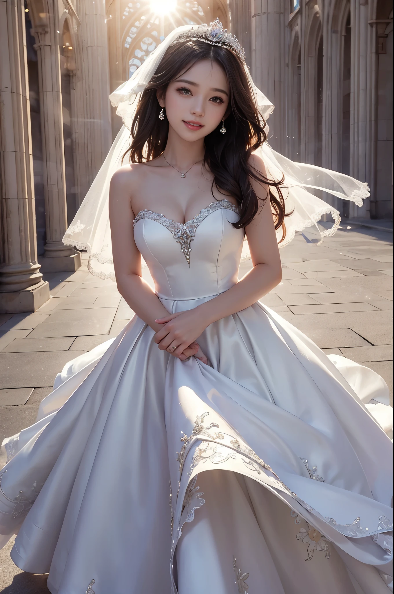 best quality, masterpiece, 1 girl, A huge laugh, cute teen, shiny lips, sweet, sun glare, Conservative attire, wedding dress, Bridal Tiara, depth of field, blurred background, Cathedral Background, light particles, strong wind, head tilt