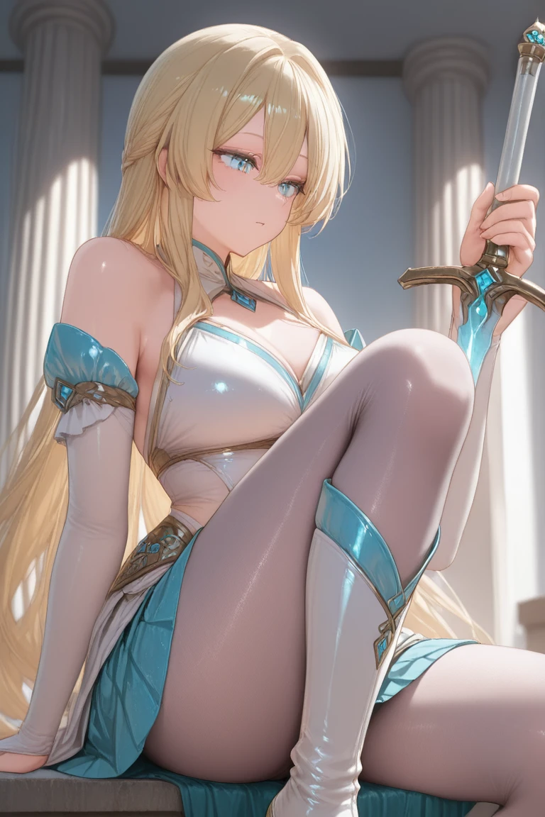 1girl, blonde hair, white hairband, blue eyes, golden armor, ((naked breasts)), ((naked pussy)), (from below), ((looking down)), ((embarrassed)), (angry), (blue skirt)