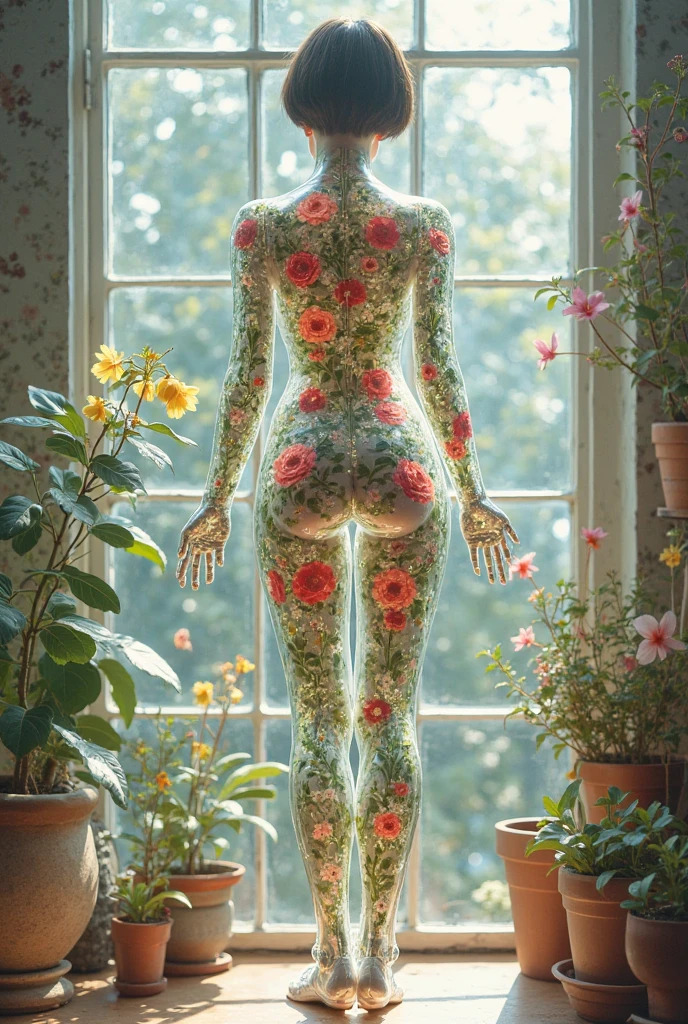 girl. green:1.5, orange:1.1, white:1.3, yellow:1.3, (very sexy rapper girl with dreadlocks hair),tattoos,(naked body parts), (down jacket :1.2),(Jacket on a naked body).fractal,Flowers,leaves,Fog,lines,circles background