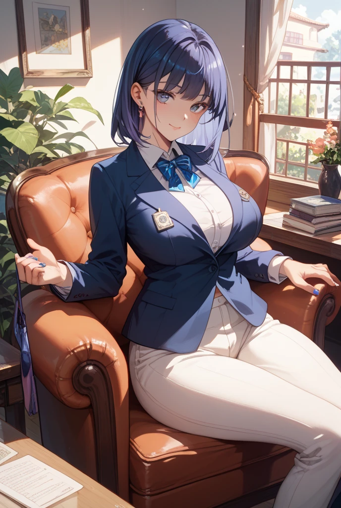 (masterpiece) (Highest quality) Meimei, skin-tight clothes, wavy bone structure, big breasts, blue tie, blue hair, black clothes, black pants, ponytail, center part, sitting in a chair, legs crossed, older sister, 2, sadistic face, sexy body visible through clothes, tongue sticking out, panting face, sexy face, face giving blowjob, plump thighs, wearing long pants, broad shoulders