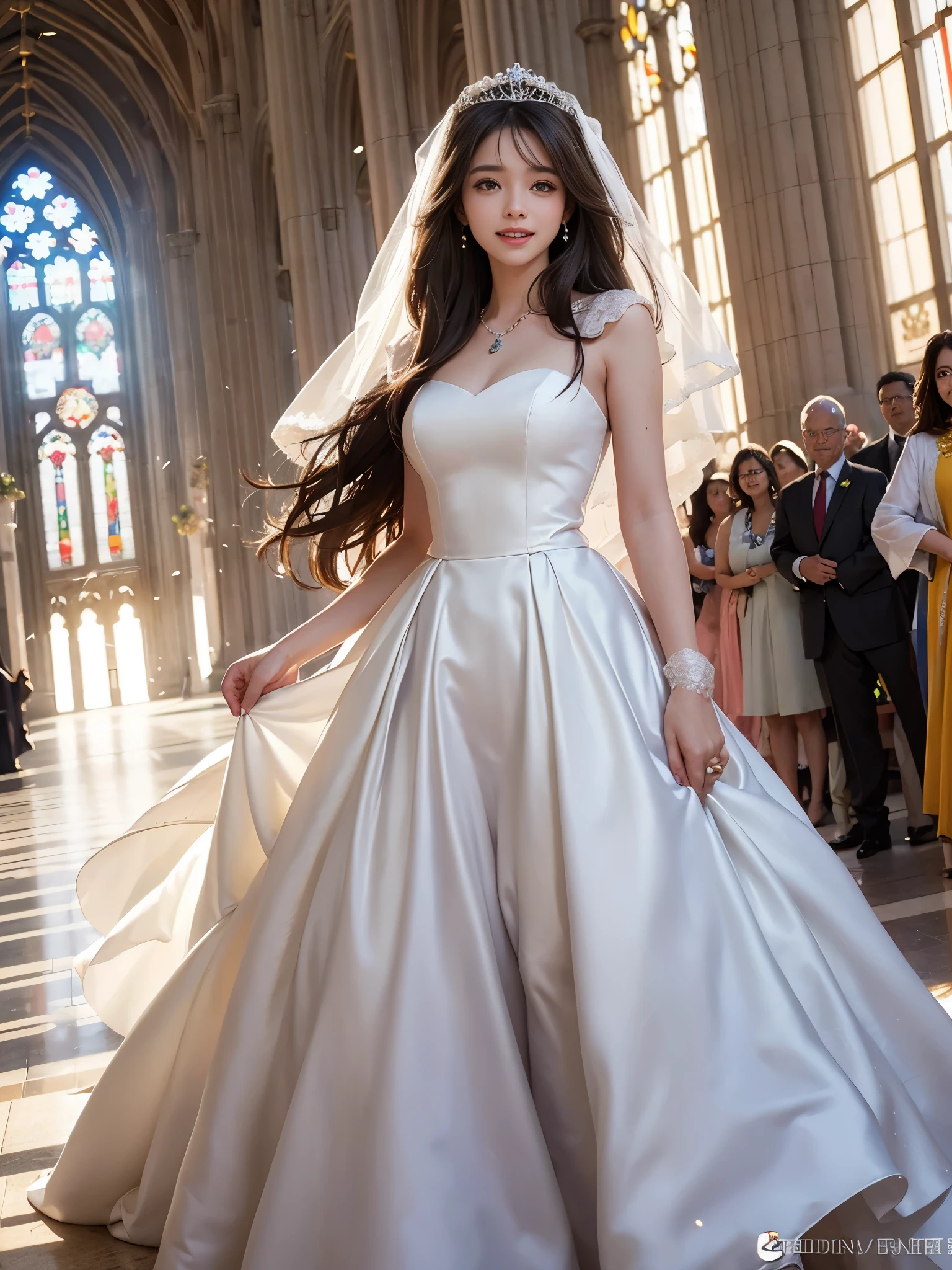 A woman stands alone wearing a white dress, smiling. Around her are piles of gold. and hold gold in both hands