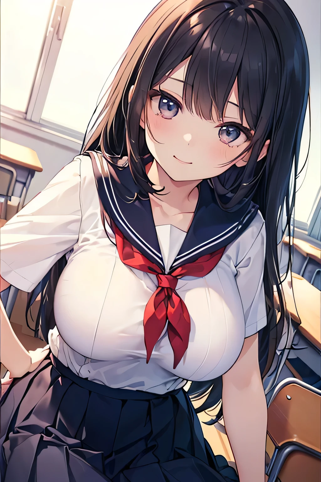 A view from a little side and below、Embarrassing、Big Breasts,、Sailor suit、nude,Black Hair、きれいな青いHair Ribbon 、Beautiful girls、sunny、Leaning forward、Leaning forward to highlight cleavage、A cute looking girl、Black Hair、Medium Hair、Hair Ribbon、classroom、Her cleavage is visible through the gaps in her clothes