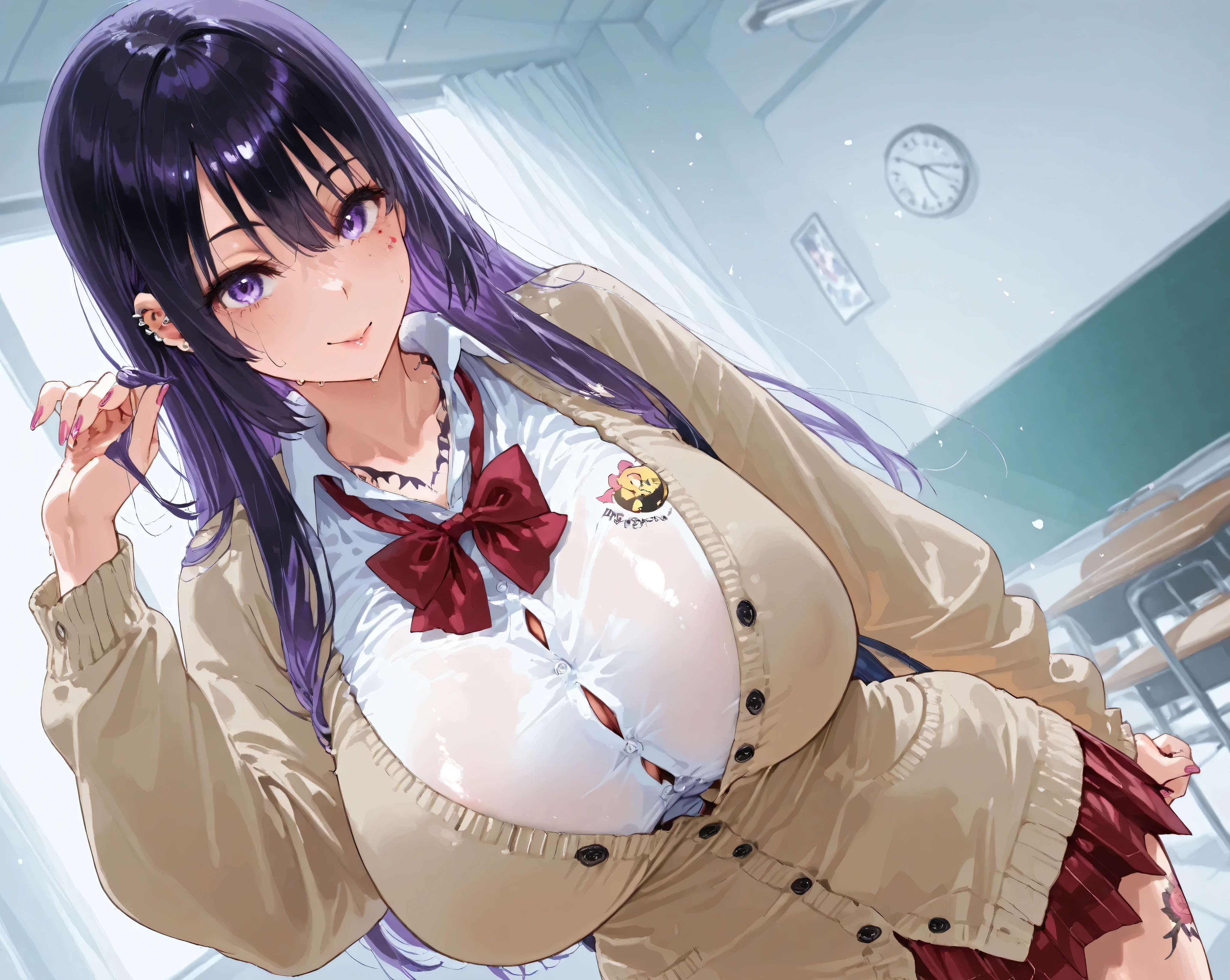 Kousaka Reina、lots of piercings、huge breasts、beauty、beautiful、8K、school uniform, cardigan、NSFW、lots of tattoos