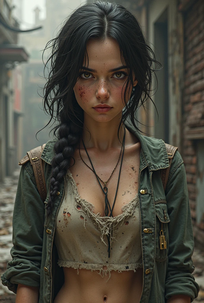 create the image of a young woman with long dark hair and dirty clothes with a dog tag around her neck