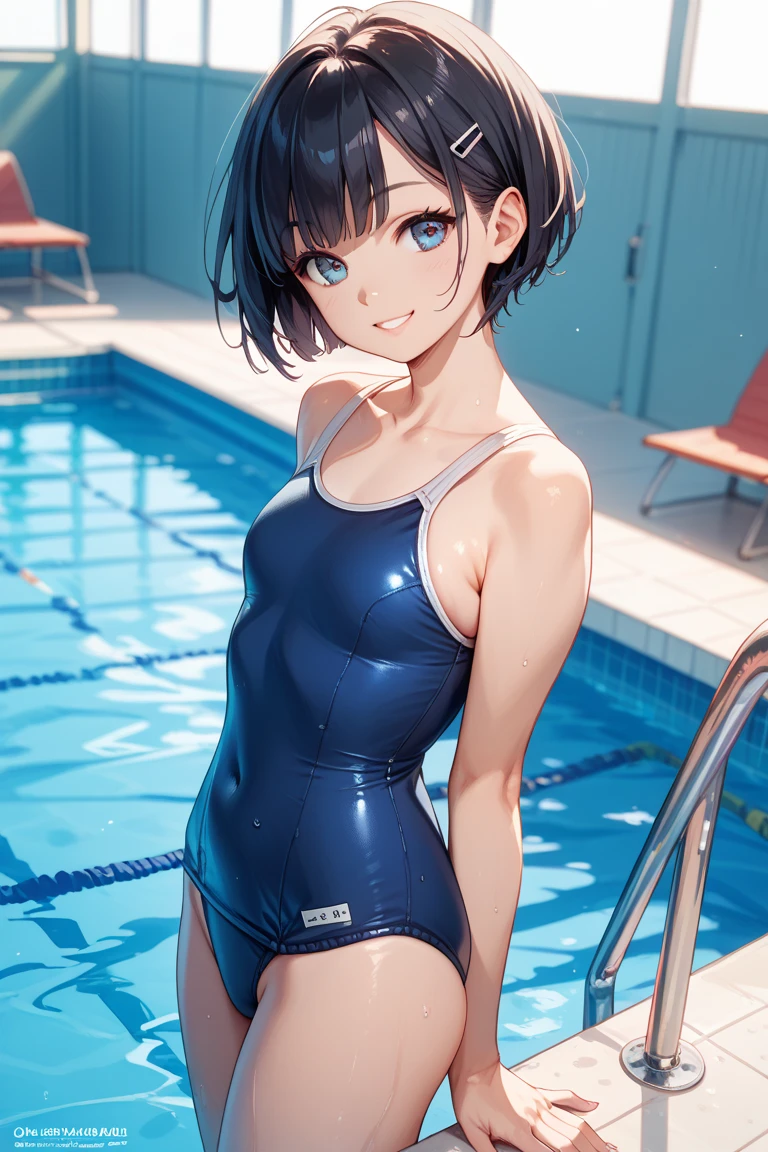 Yo Watanabe, Watanabe Yo, short hair, blue eyes, Brown Hair, smile, Grin,tooth,Glasses,Swimsuit,barefoot,Wet swimsuit,Wet Skin,Wet Hair,Standing by the pool,whole bodyがイラストに入るように,
break indoors, Indoor swimming pool,
break looking at viewer,whole body, (Cowboy Shot:1.5),
break (masterpiece:1.2), Highest quality, High resolution, unity 8k wallpaper, (figure:0.8), (Beautiful attention to detail:1.6), Highly detailed face, Perfect lighting, Highly detailed CG, (Perfect hands, Perfect Anatomy),
