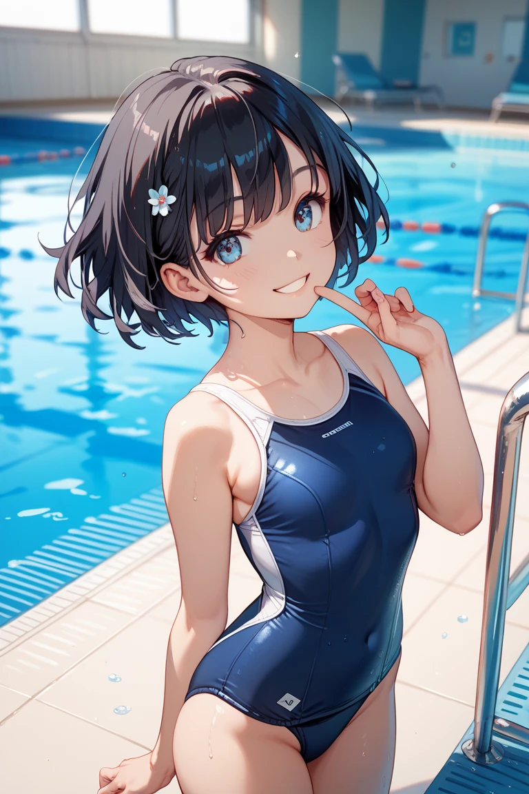 masutepiece、masterpiece、top-quality、ultra-detailliert、hight resolution、 hight resolution、8K Portrait、Unity 8k Wallpapers、extremely details CG、Unity 8k壁纸、Highly detailed CG Unity 8k wallpaper、realisticlying、realperson、 Portrait photos、shinny skin、(20yr old:1.5)、high-detail、Beautiful clear eyes、Ultra-fine depiction、delicated face、Lovely lips、big breasts thin waist、Thin leg、1人、the pose、(((flat chest:1.4)))、(Navy School Swimsuit:1.4)、((school poolside:1.5))、Outstanding smile、Pupils、During pool classes、((Sit and spread your legs wide:1.5))、beauty legs、sexypose、NSFW、Wet