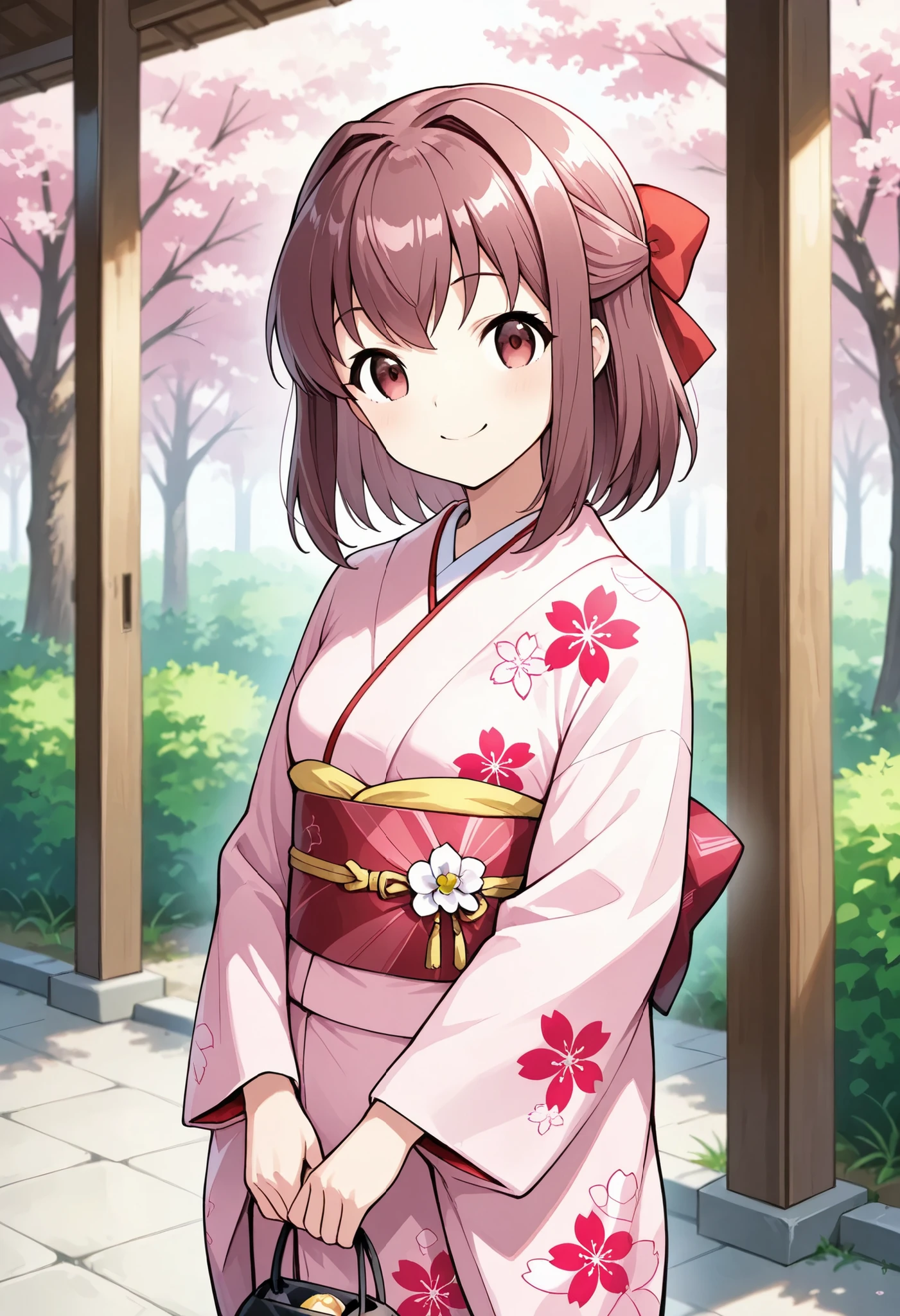 high resolution、Highest Quality、super quality、shot from the front、is smiling、one girl、solo、 Kondo Taeko 、smile、Absolute reference to center 、Red brown pretty eyes、 shiny brown hair , short hair ,red ribbon、 ( Beautiful brown eyes )、 very detailed face, highly detailed eyes, masterpiece , (Japanese kimono:1.2), (Furusose Cherry Blossom Patterns)、cowboy short、