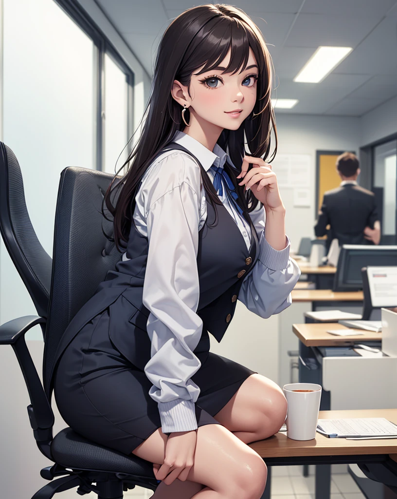 ((((1ladyl,))))  (masterpiece), (realistic), (best quality), (ultra-detailed),  amazing 30 years old wife,  pantyshot, long brown hair, office lady, Wearing a pink plaid vest, White short sleeved shirt, Gray pencil skirt, Wear stiletto heels, Necklace, earrings,  Cute face, Smile, Blushing, Shyness, Glass wall, Ultra Detail, Realistic, Front view, Whole body, (wearing in [[white and gray check pattern]] Vest worn over white collared long-sleeved shirt:1.4), (gray vest with buttons:1.2), (Pink Theme:1.2), (blue ribbon ribbon:1.3), (Black theme:1.4), (Tight black pencil skirt:1.5), ((Brown pantyhose)), (high-heels:1.1),longskirt,office desk, office chair,Lulubre Unity 8K Wallpaper, Beautiful background, clearly, Best Quality, The highest resolution, Best aesthetic,extremely detailed CG unity 8k,