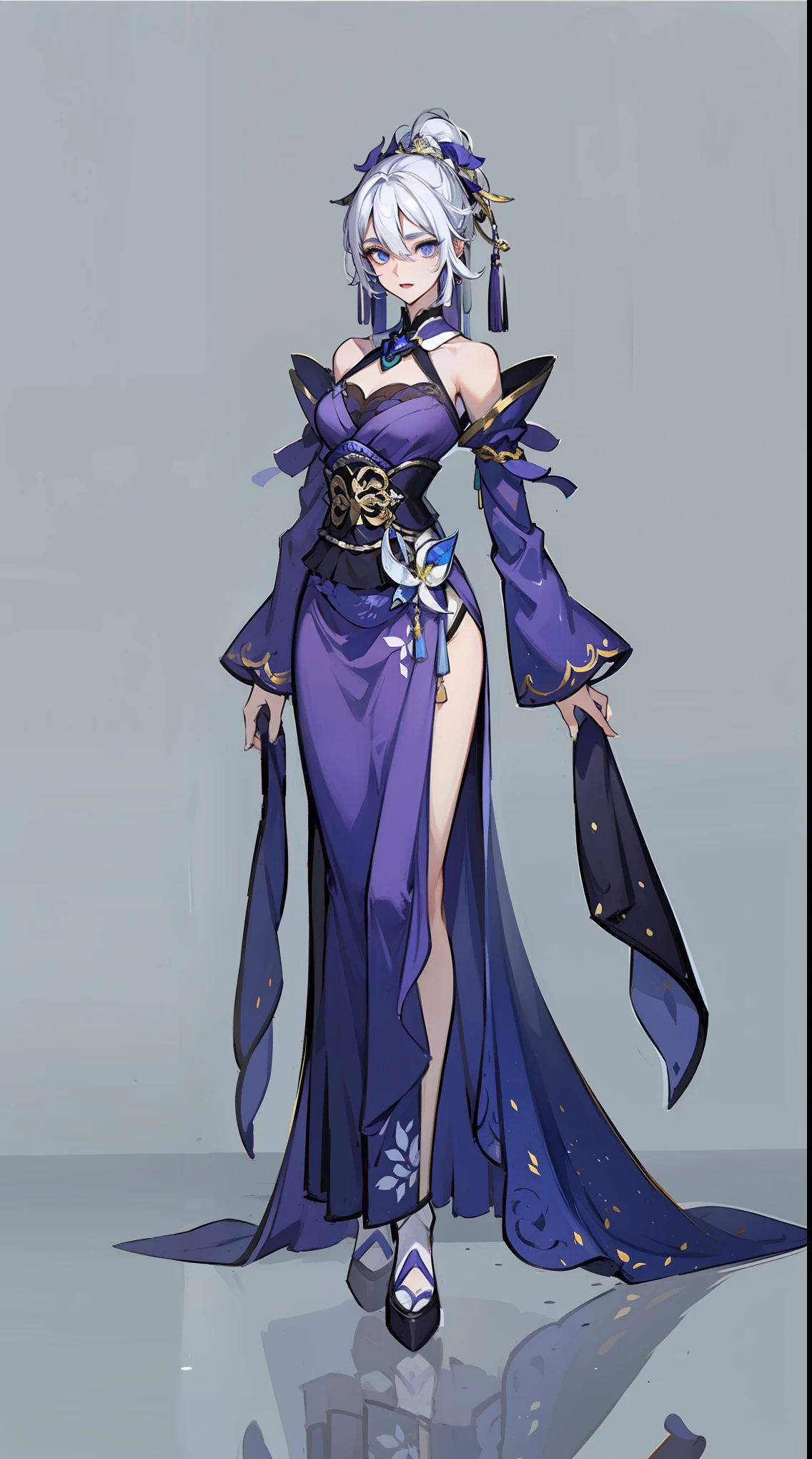 1girl, (((white hair))), purple eyes, glowing eyes, purple kimono, sexy, huge :1.2, holding a sword, simple background, full body, braids,very long hair,hair flowe,Off shoulder,purple hair, Daofa Rune, keqing (genshin impact),chinese_clothes, sexy pose