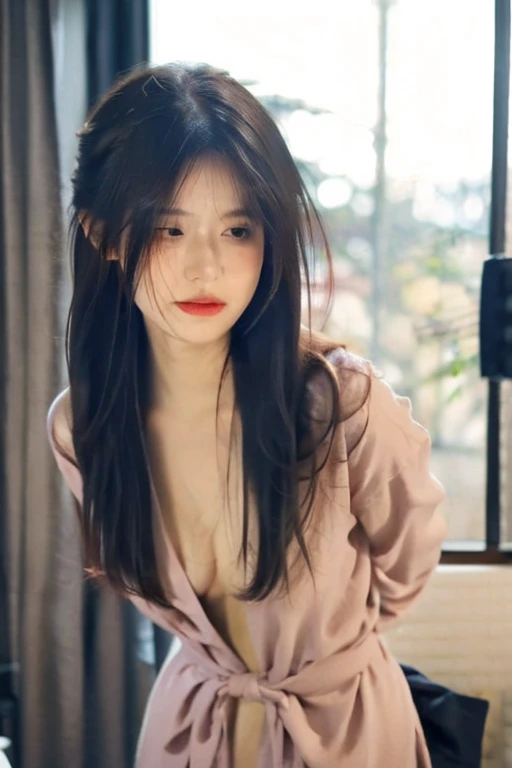 there is a woman with a red lipstick and a white shirt, with a round face, An exceptionally beautiful face, Tomorrow, Tran., light-red lips, red lips, thick red lips, With professional makeup, Face to face artgram, cute vtuber house, small and thick red lips, Beautiful round face, have very thin lips, full round face Southeast Asian Araaf woman with a round face,Posing for pictures, animation , black eyes ตาสองชั้น, black eyes, Thai anime, ponytail woman, flowing black hair, long flowing black hair, she has black hair, Her black hair was long and wavy., beautiful black hair, Extra dark natural black hair, (A pure and flawless face:), (Big eyes and makeup, Sexy wet eye makeup, The makeup and hair are beautiful and very meticulous., raw photos,