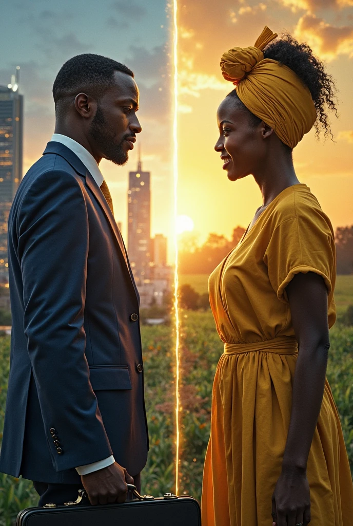 Generate an image of a black African groom walking away from his black curvy bride