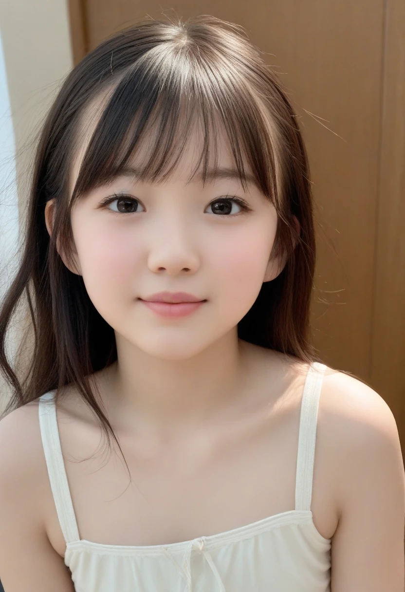 (A photo of your face:1.25), , (Baby Face), (Round face), One Japanese woman, beautiful girl, Pretty face, (View your audience), (Standing facing the camera), (smile), (Beige tank top)、(Pure white background:1.2)、Mouth closed