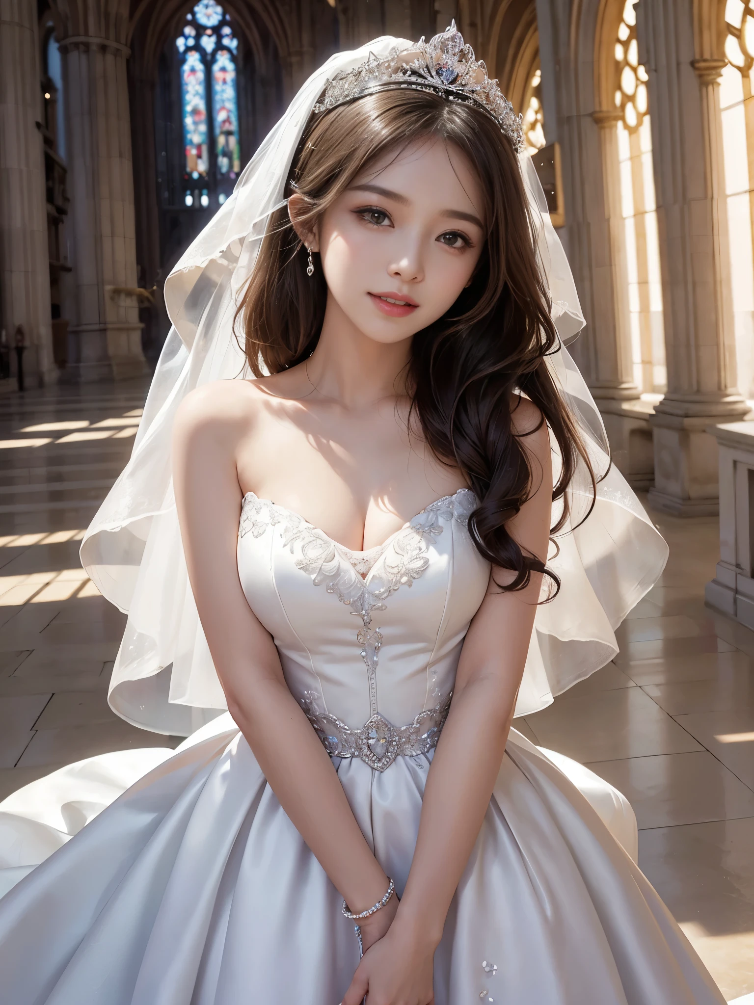 Angelic Very beautiful cute girl,
Beautiful detailed eyes, 
Detailed double eyelids,
(Large eyes:1.4),
Long straight brown hair, 
see-through bangs,
Sharp Focus,small straight nose,
beautiful detailed face and eyes, 
(clear-eyed:1.3),
(Soft Saturation: 1.3), (Fair skin: 1.2),brown eyes,BREAK  (hyper gorgeous and very beautiful shiny pure white wedding dress :1.5),
Costume lighting,(cowboy shot:1.2),standing ,church ,very beautiful stained glass window 