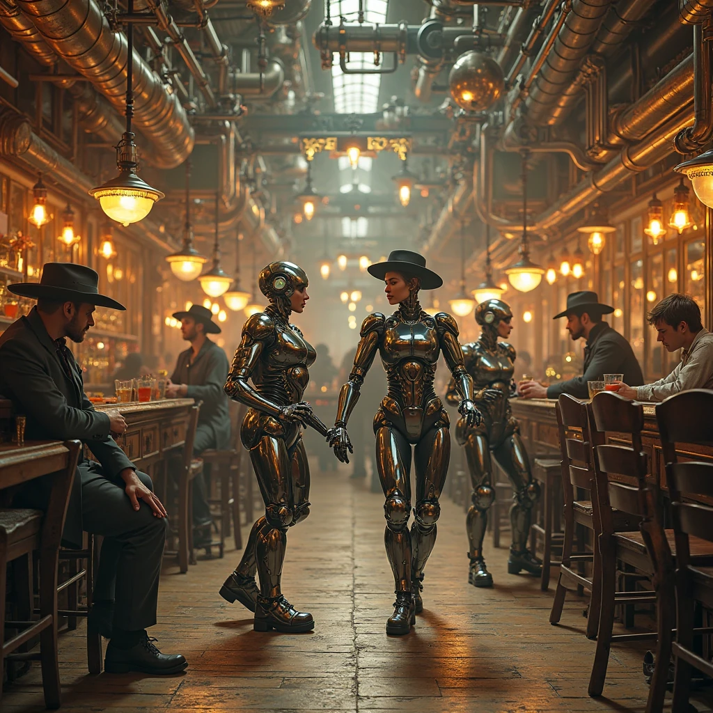 there are three people dressed up in costumes at a table, brass semi - mechanical woman, cyberpunk wild west, inspired by Laurie Lipton, screenshot from a movie, anthropomorphic robot [ thing ], still image from the movie, old timey, year 2 5 0 0, cinematic cgsociety, two beautiful women in love