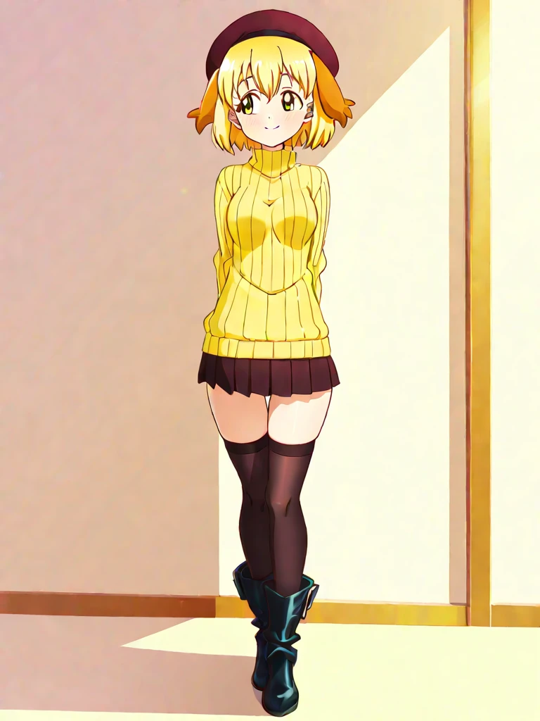 Nobara Kugisaki,Woman ,adult,30years,Short yellow hair,green bra,White-panties,yellow eyes, skirt short,orange sweater,large breasted, anime image.