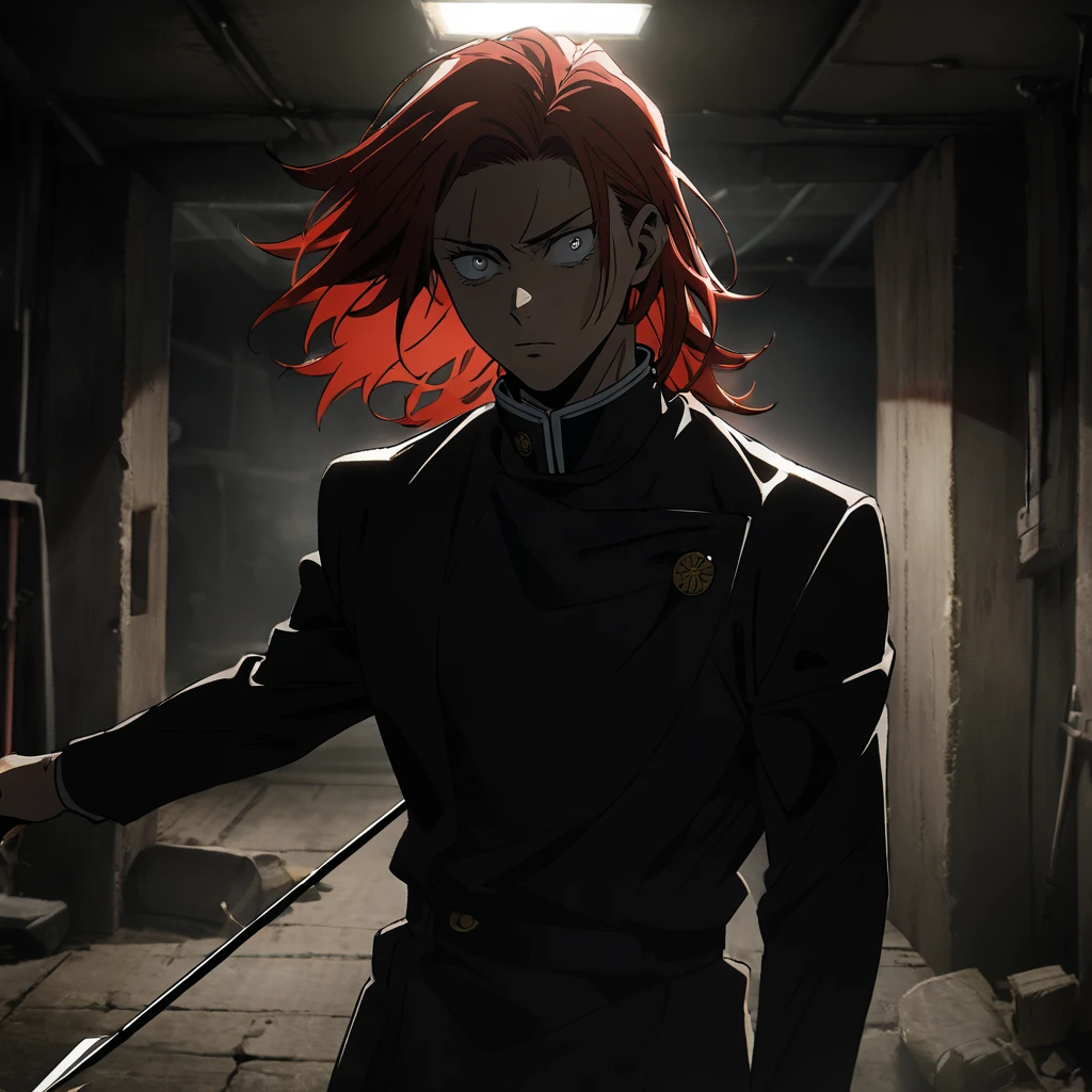 {{portrait, dutch angle}} {{Artist: Sincos}} 1male, solo, toned male, red hair, flowing hair, long hair, red eyes, lips, black sci-fi armour with, black cape, angry, outdoors, city, looking at viewer, standing, fog, modern day, superhero day, blood on face