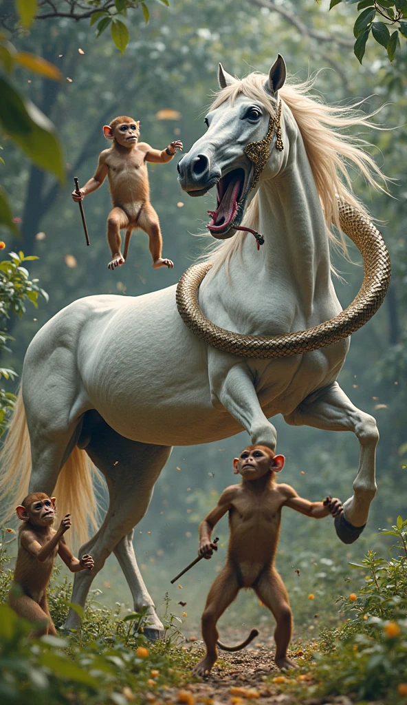 Horse body has 3 human head and 6 arm lion leg and ox leg dragon tail