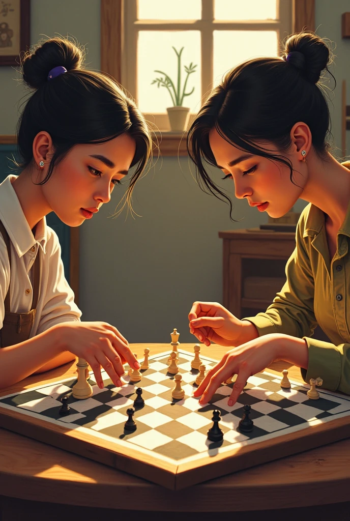 A stunning and oil painting of two young beautiful Korean women, age 14-16, beautifully portrayed with a tensed and melancholic expression are locked in a tense chess match. The chessboard between them is a battlefield of strategic maneuvers and calculated risks. Each move is deliberate, their fingers lightly brushing the pieces as they consider their next strategy. The only sounds are the soft clinks of chess pieces and the occasional murmur of contemplation, as both players remain deeply focused on the game. The atmosphere is charged with concentration and quiet intensity. there are several matches going on in the background. wide angle, adding to the sense of unease. The painting exhibits a real-like, impressionistic style, with visible brushstrokes that create a sense of depth and texture. The color palette primarily consists of warm tone, grays, and blacks, evoking a light atmosphere. (no closeup) realistic