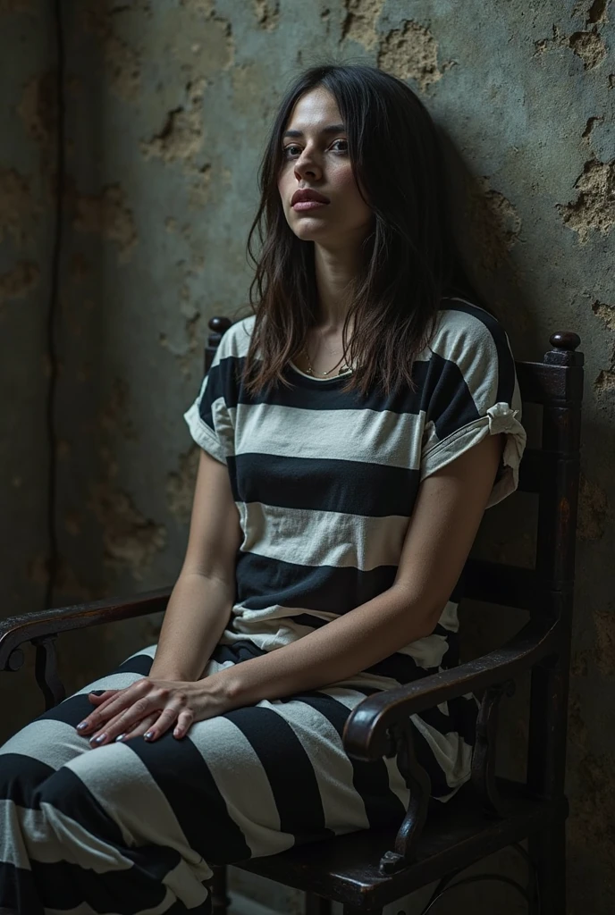 Uma jovem de 15 anos. in a prison . amarrada por correntes. ela esta sentada. vista de lado, expression of sadness . Period scenario